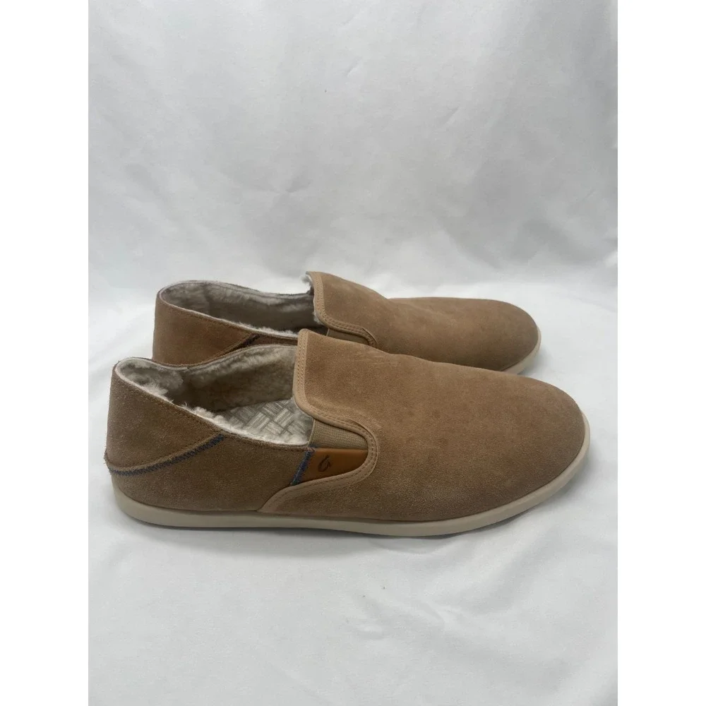 Olukai Shoes Mens 12 Hele Malie Tan Leather‎ Suede Wool Lining